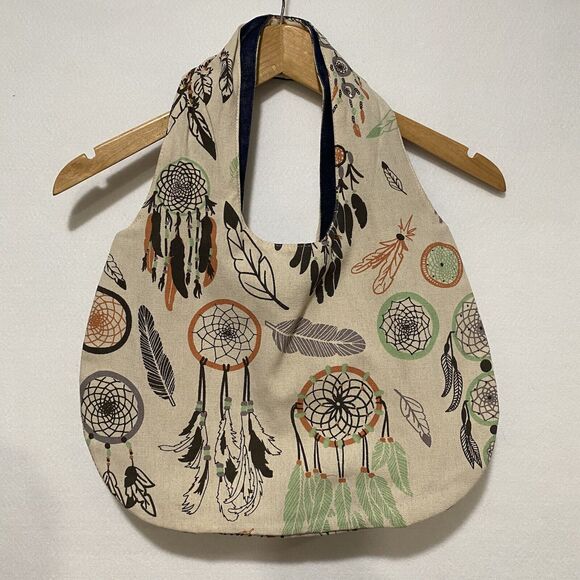 Dreamcatcher Feather Boho Canvas Purse Hobo Tote‎ Bag Denim Lined - Picture 2 of 6